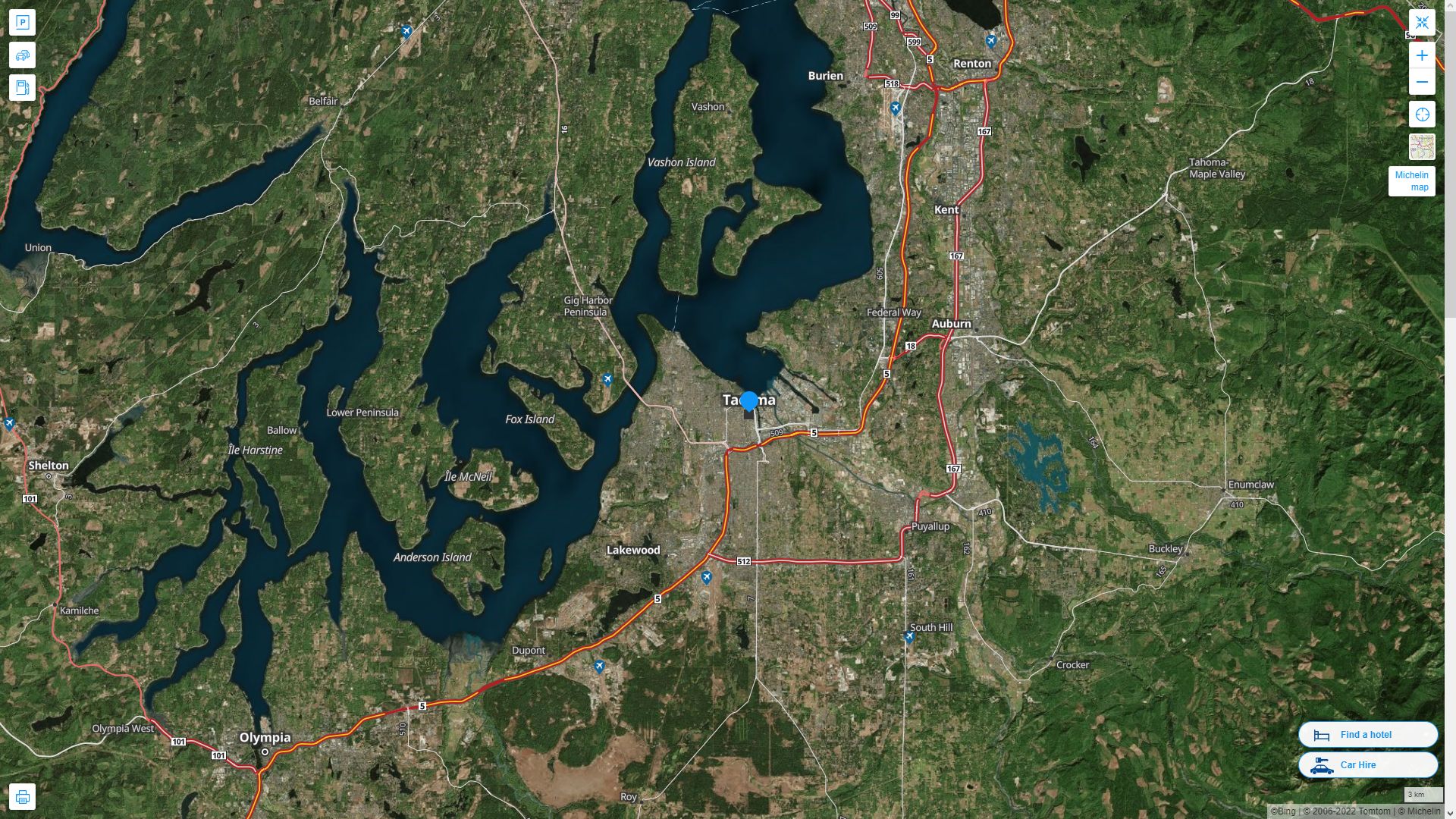 Tacoma Washington Highway and Road Map with Satellite View